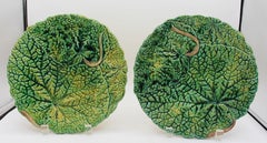 C. 1880-1900 London Pair of Majolica Begonia Leaf Plates by Joseph Roth