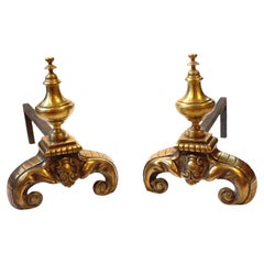 Circa 1860-80 Pair of French Baroque Revival Cast Brass Andirons