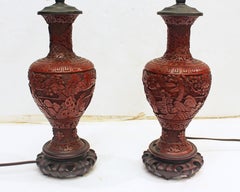 Likely 18th Century Pair of Chinese Qing Dynasty Cinnabar Vases Mounted as Lamps