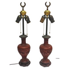 Likely 18th Century Pair of Chinese Qing Dynasty Cinnabar Vases Mounted as Lamps