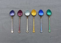 Mid-20th Century Norwegian Set of 6 Gilt, Sterling, & Enamel Demitasse Spoons