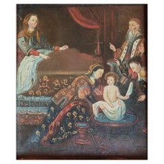 Bathing of the Christ Child, Oil Painting Cusco School Latin American folk art
