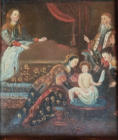 Bathing of the Christ Child, Oil Painting Cusco School Latin American folk art