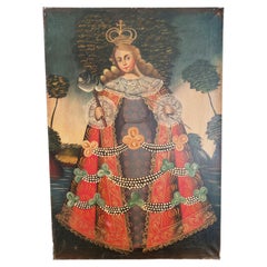 Virgin Mary Spinning Wool, Cusco School, 20th Century Oil Painting