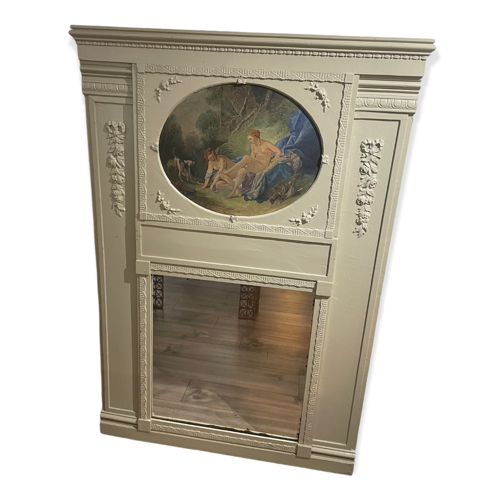 French Provincial Large 19th Century Trumea mantle Mirror with Oil on Canvas For Sale