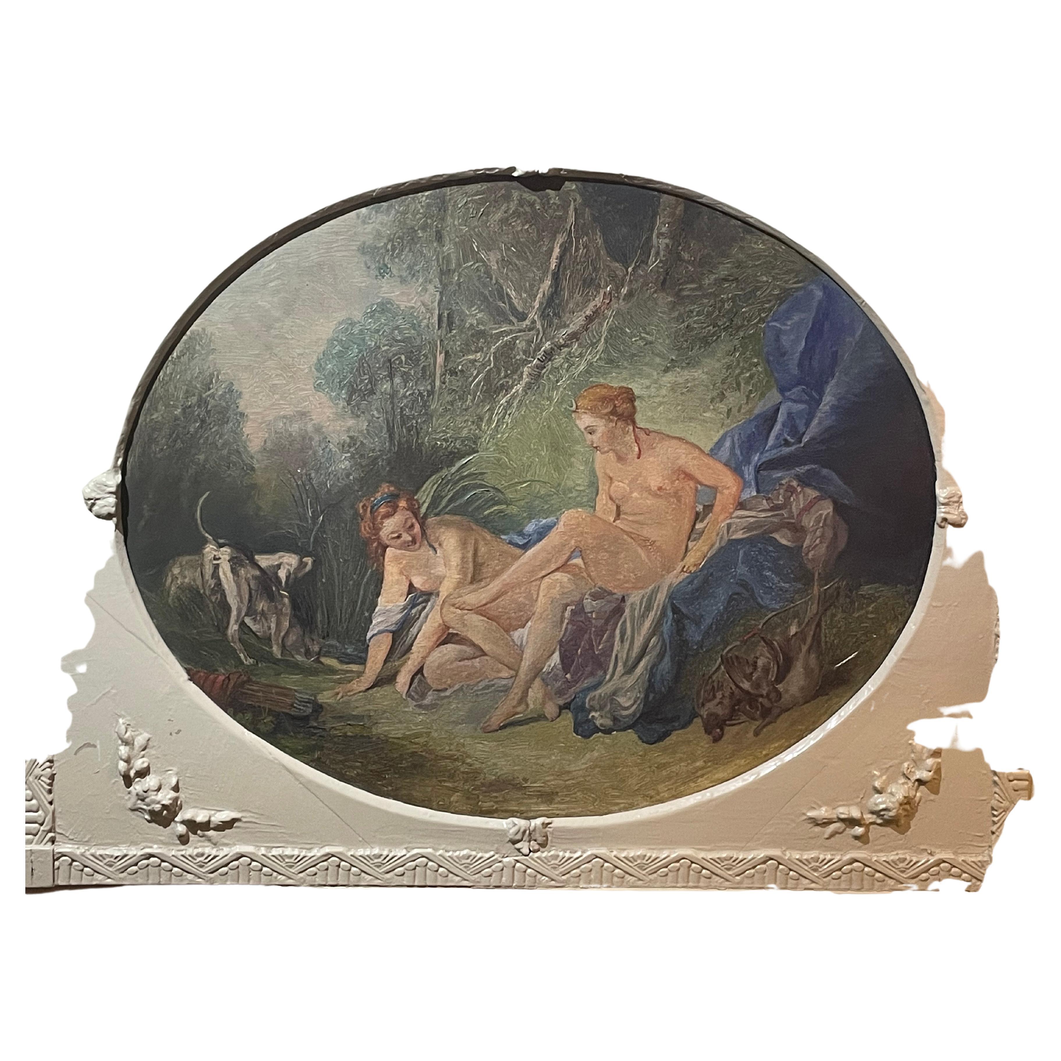 This 19th century Trumea Mantell mirror and oil painting is a finely painted story of two women nude, pond side with dogs and their catch of pheasants. The blues and greens are stunning in depth. Original mercury mirror is aged with time. The wood
