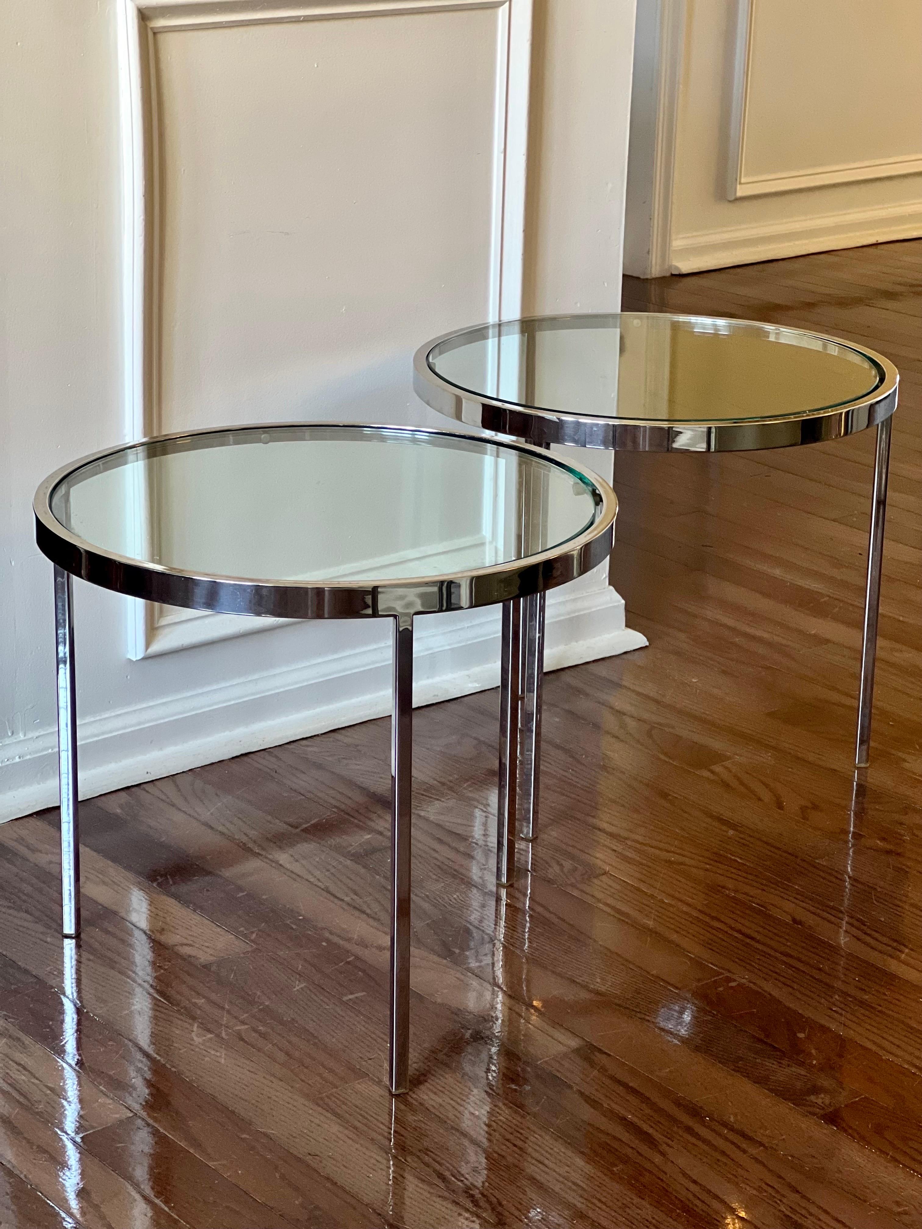 Milo Baughman Flat Bar Chrome and Glass Low Side Tables, Pair 4