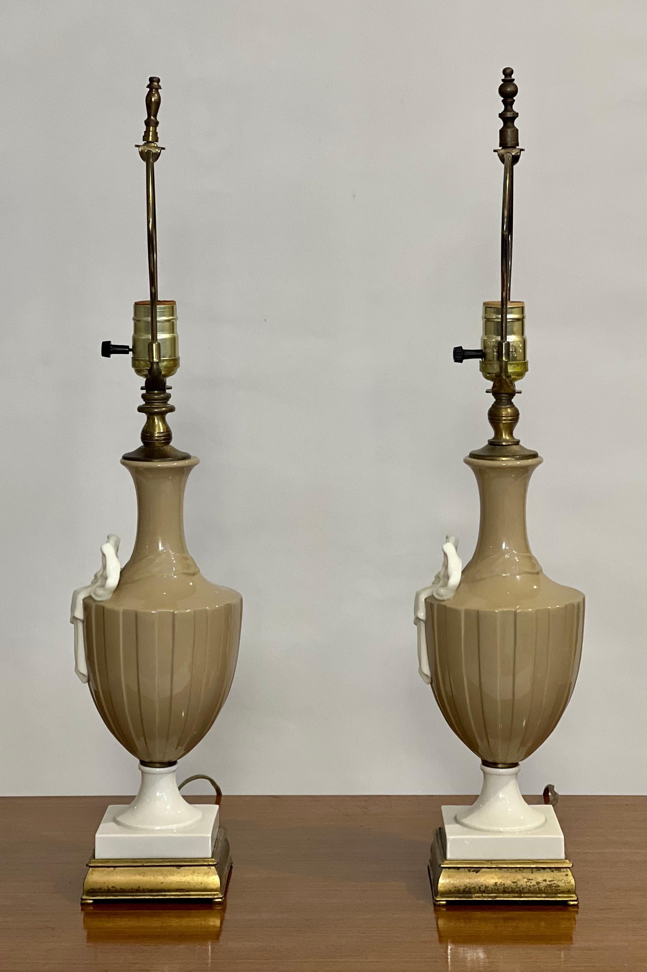 Neoclassical 20th Century Lenox Porcelain Lamps in Taupe and White by Dav Art, NY, Pair For Sale