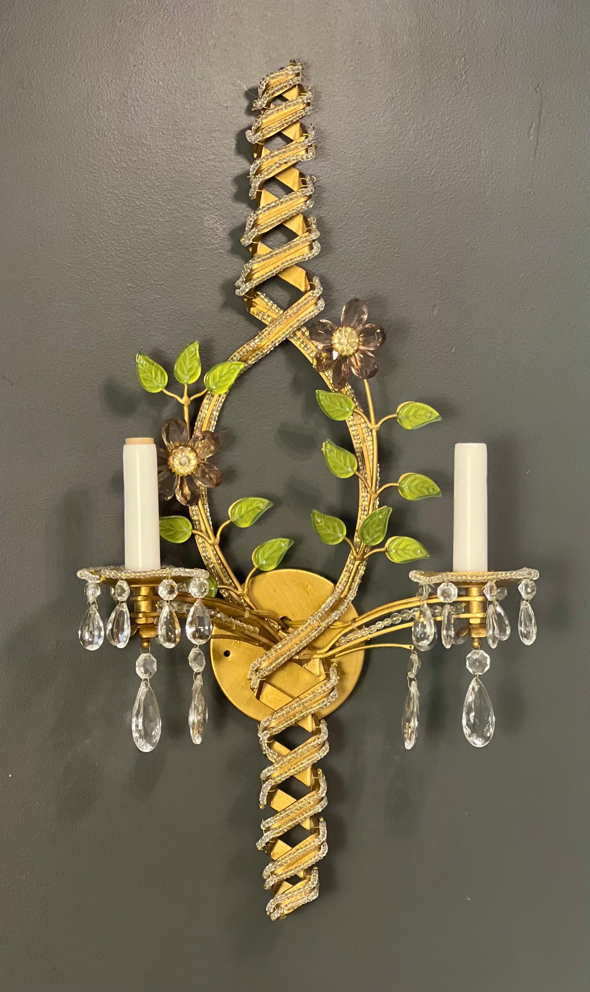 Beaded Italian Iron Sconces with Crystal Flowers and Beading, Pair For Sale