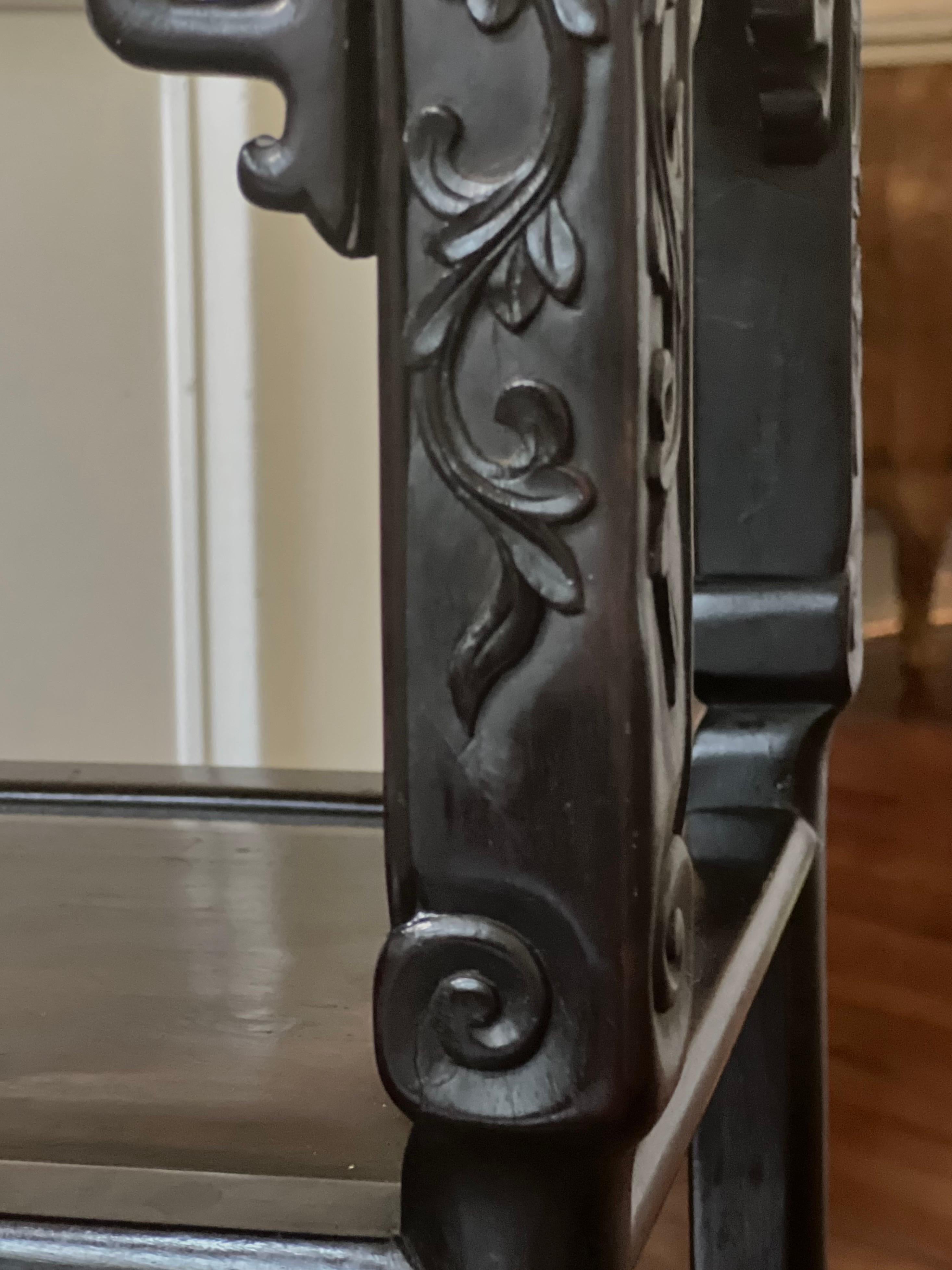 19th Century Chinese Carved Hardwood Two-Tier Marble Top Pedestal Table or Stand 4