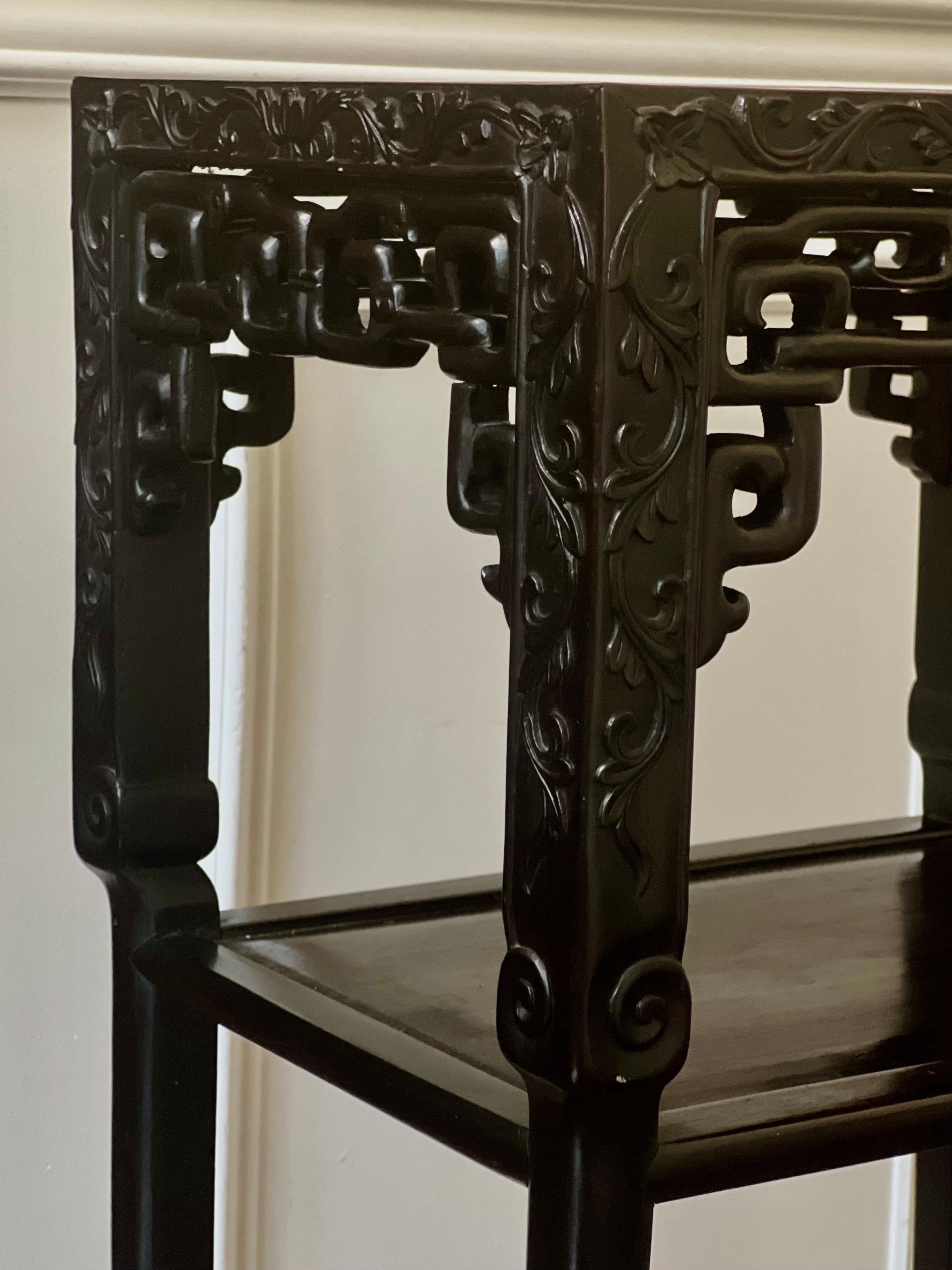 19th Century Chinese Carved Hardwood Two-Tier Marble Top Pedestal Table or Stand 3