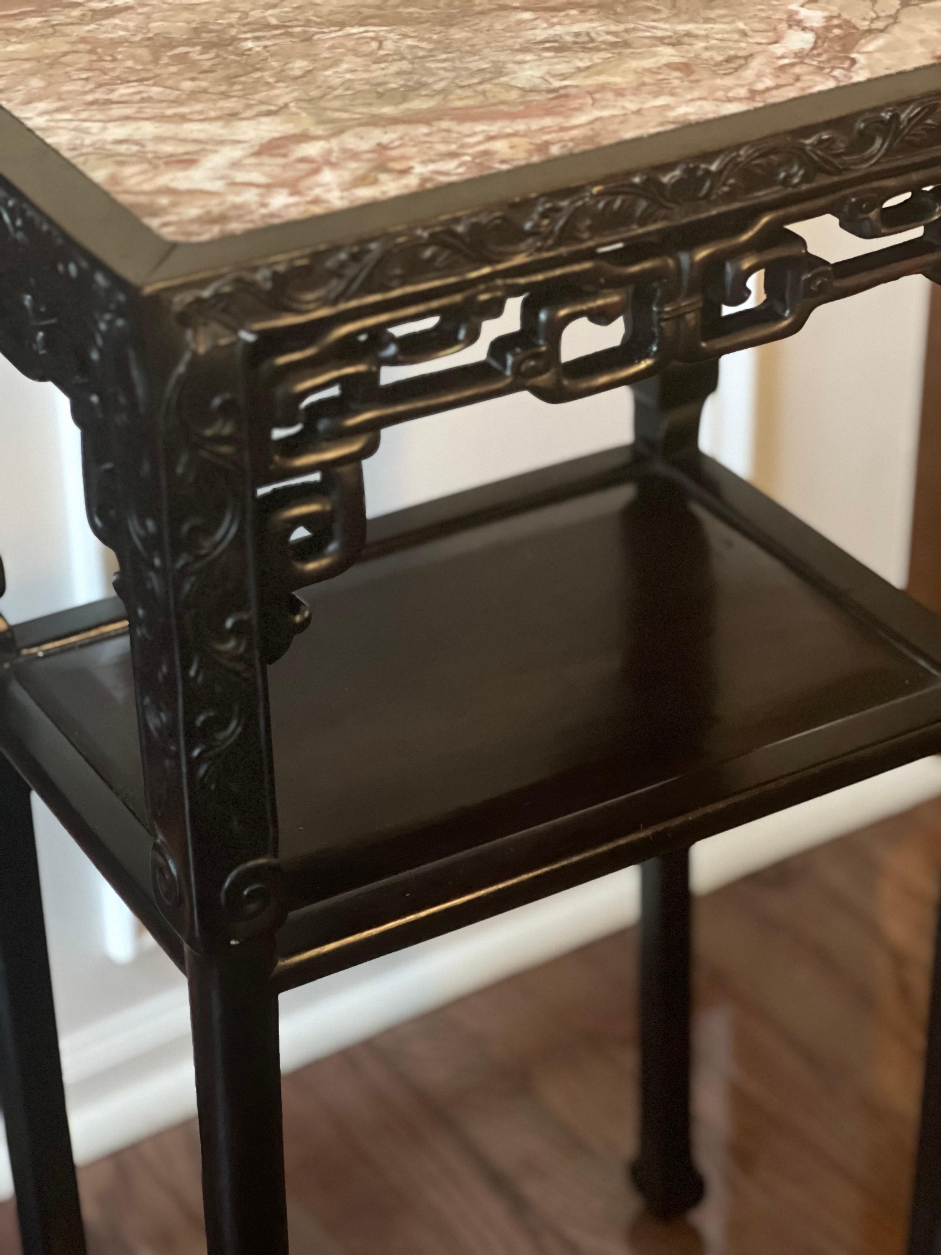 19th Century Chinese Carved Hardwood Two-Tier Marble Top Pedestal Table or Stand 6
