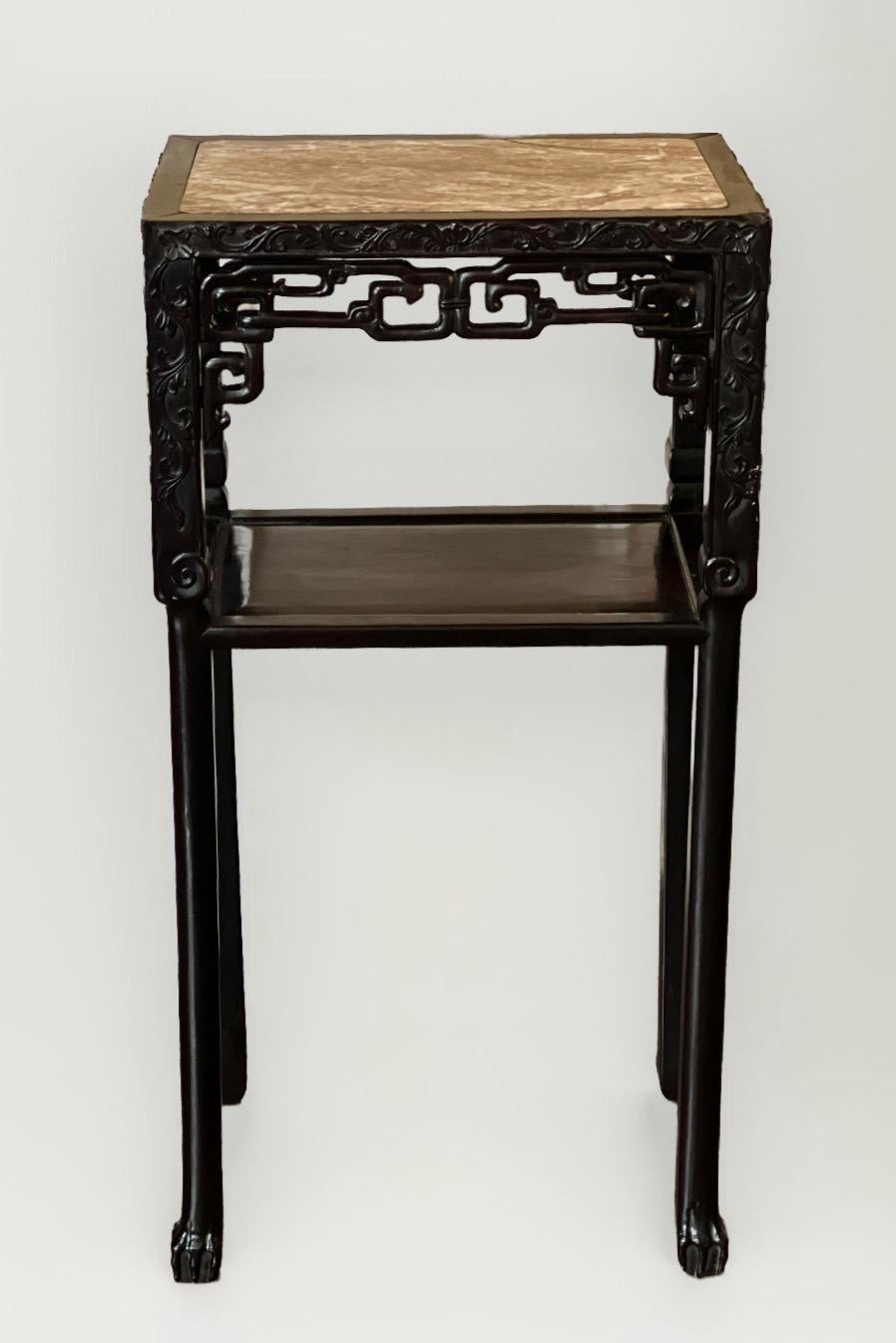 19th Century Chinese Carved Hardwood Two-Tier Marble Top Pedestal Table or Stand In Good Condition In Doylestown, PA