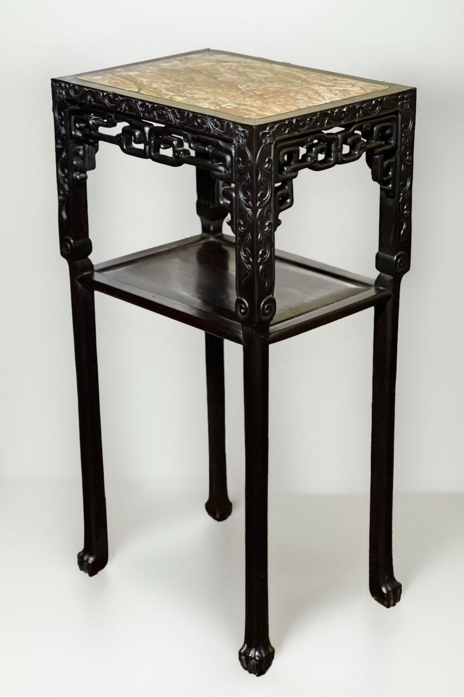 Qing 19th Century Chinese Carved Hardwood Two-Tier Marble Top Pedestal Table or Stand For Sale