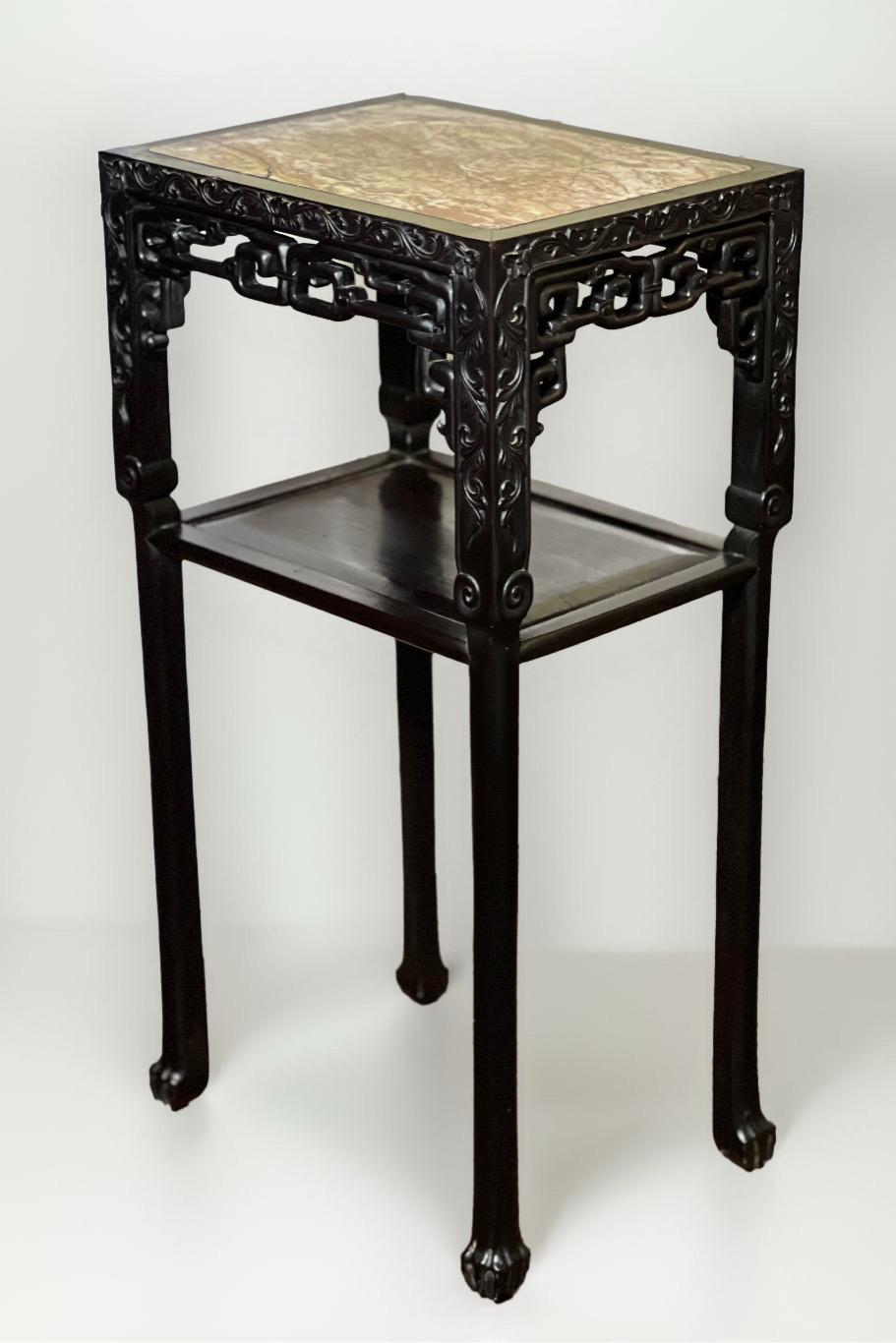 Qing 19th Century Chinese Carved Hardwood Two-Tier Marble Top Pedestal Table or Stand