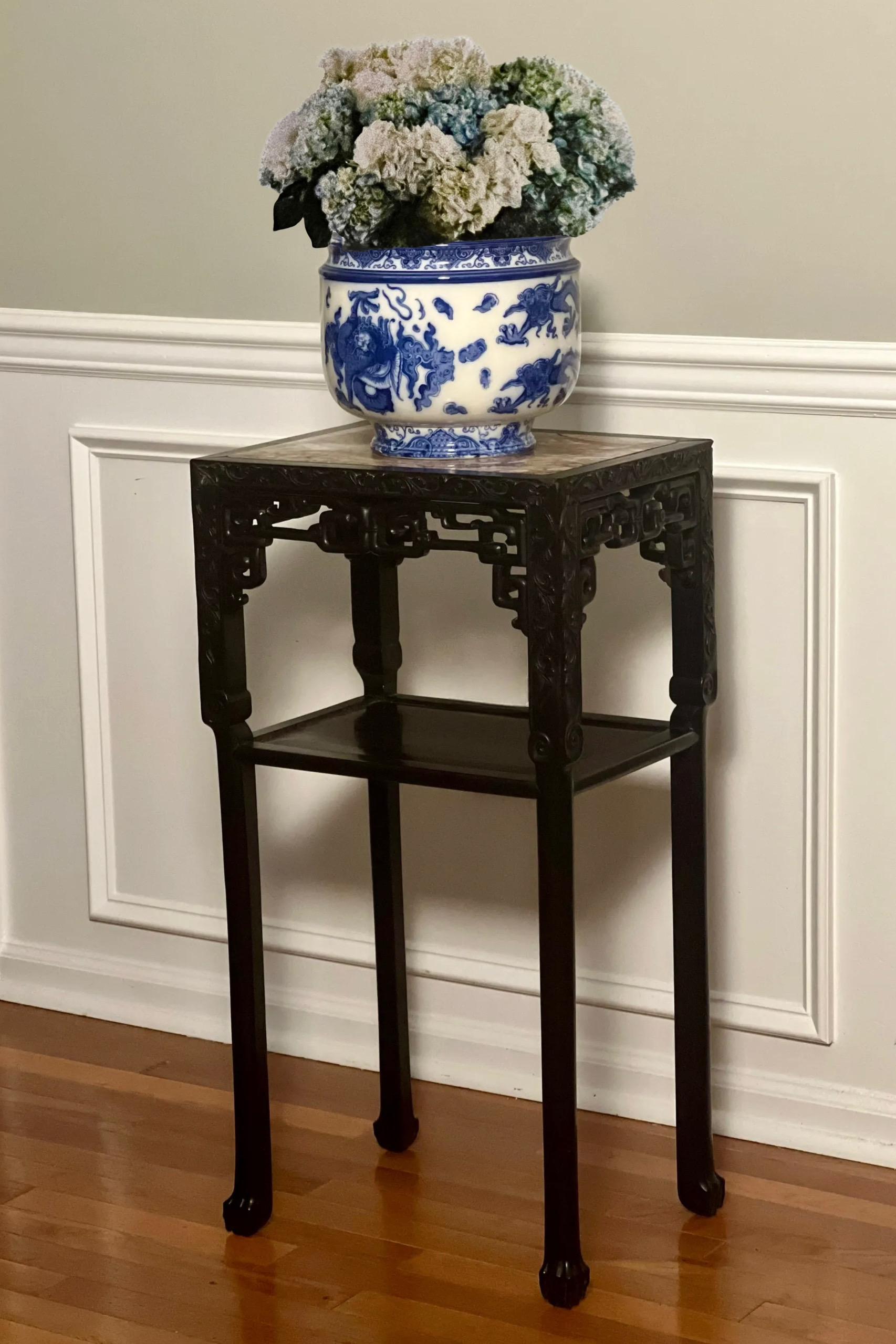19th Century Chinese Carved Hardwood Two-Tier Marble Top Pedestal Table or Stand 8