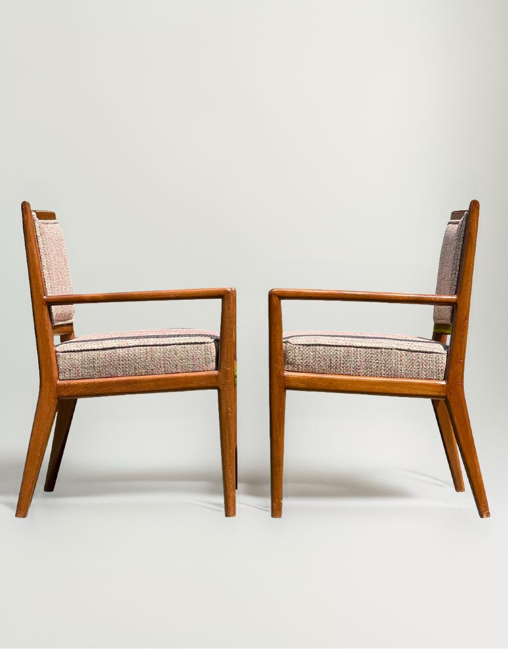 Handsome pair of vintage Mid Century Modern arm chairs with new upholstery.

Sturdy and beautifully crafted, these substantially sized chairs have been refreshed with a high quality, finely woven neutral fabric. The frames are in very good vintage