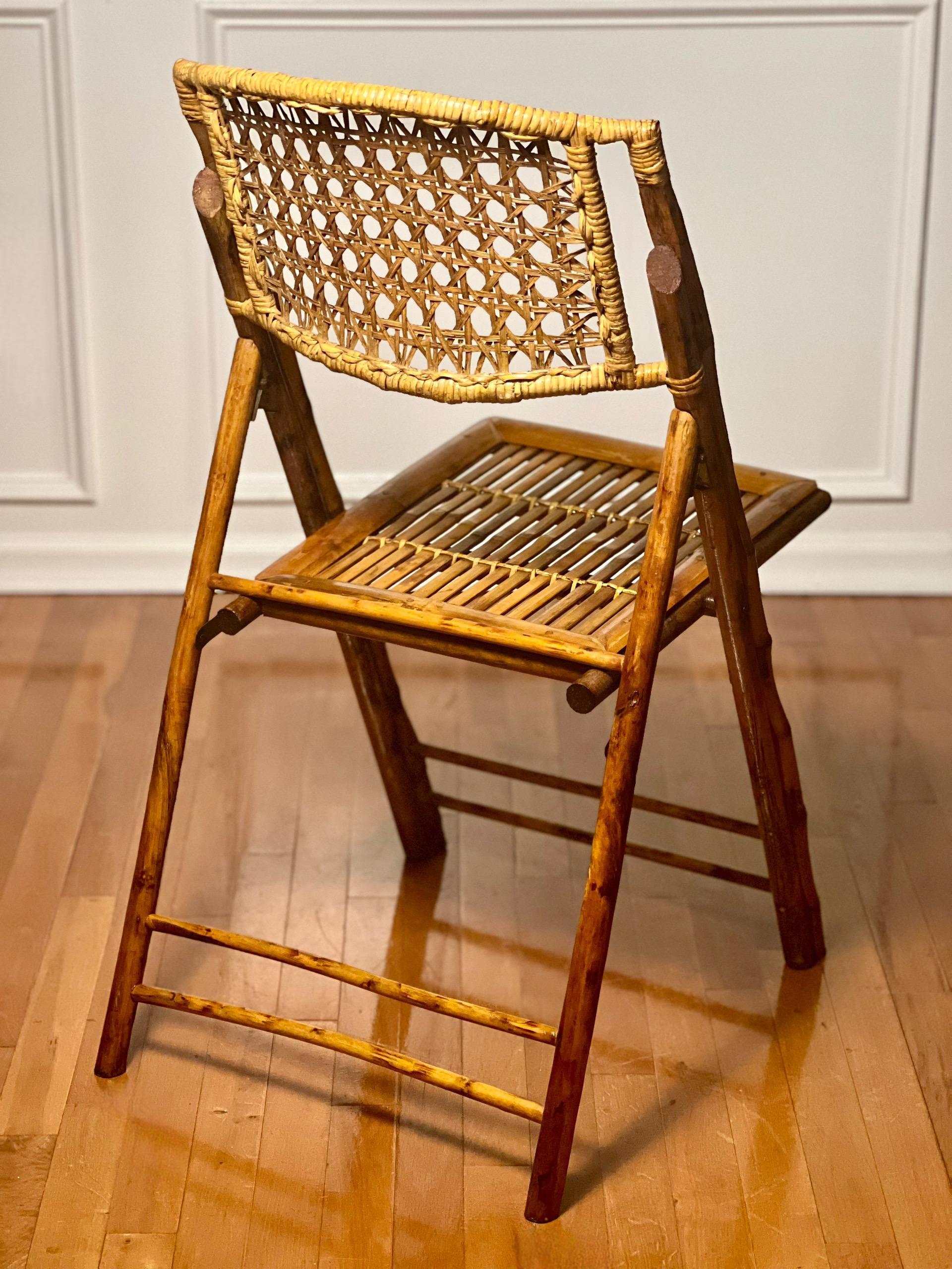 Set of Four Midcentury Tortoise Shell Style Burnt Bamboo Folding Chairs For Sale 4