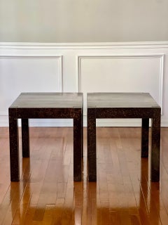 Vintage 1970s Drexel Parsons Black and Gold Oil Drop Lacquered Side Tables, Pair
