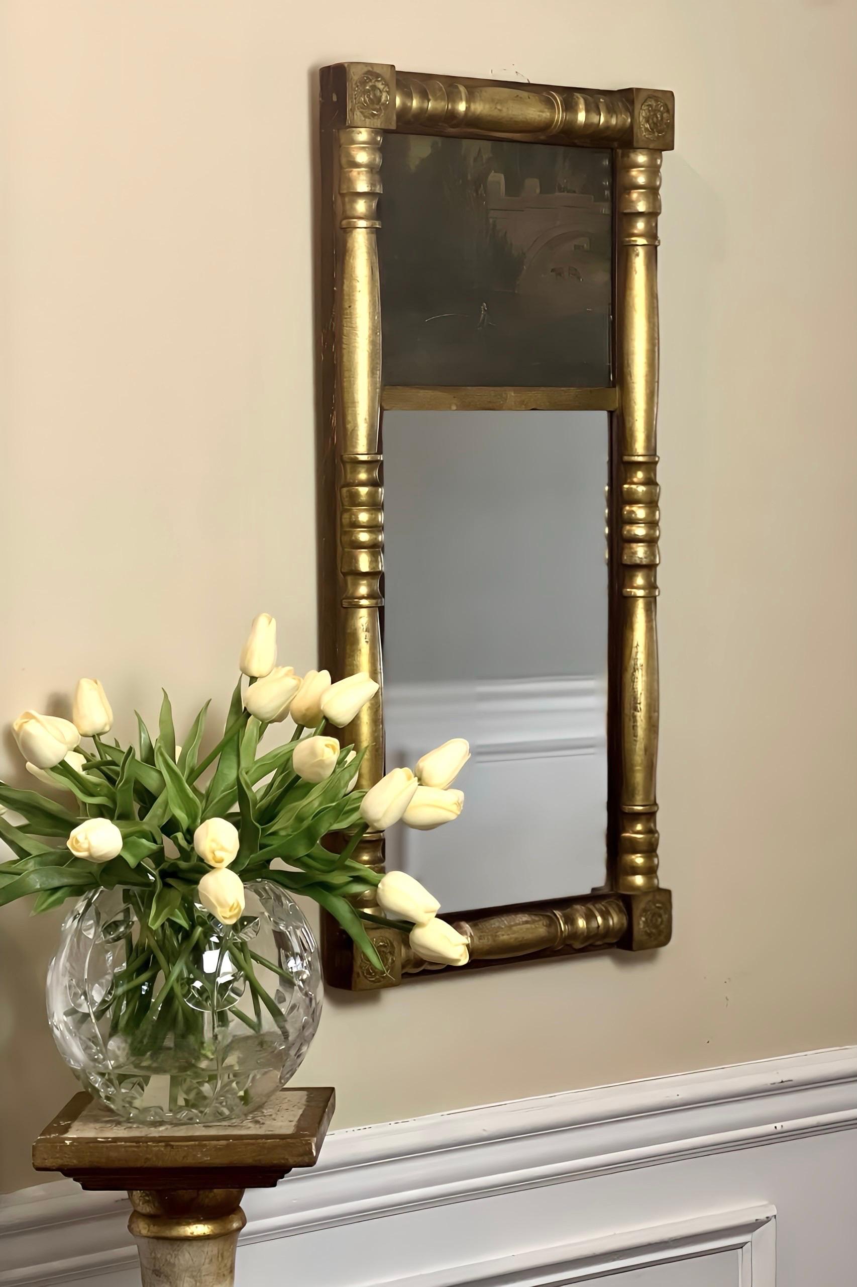 19. Jahrhundert Kleine Empire Giltwood Trumeau Spiegel mit Malerei im Angebot 10
