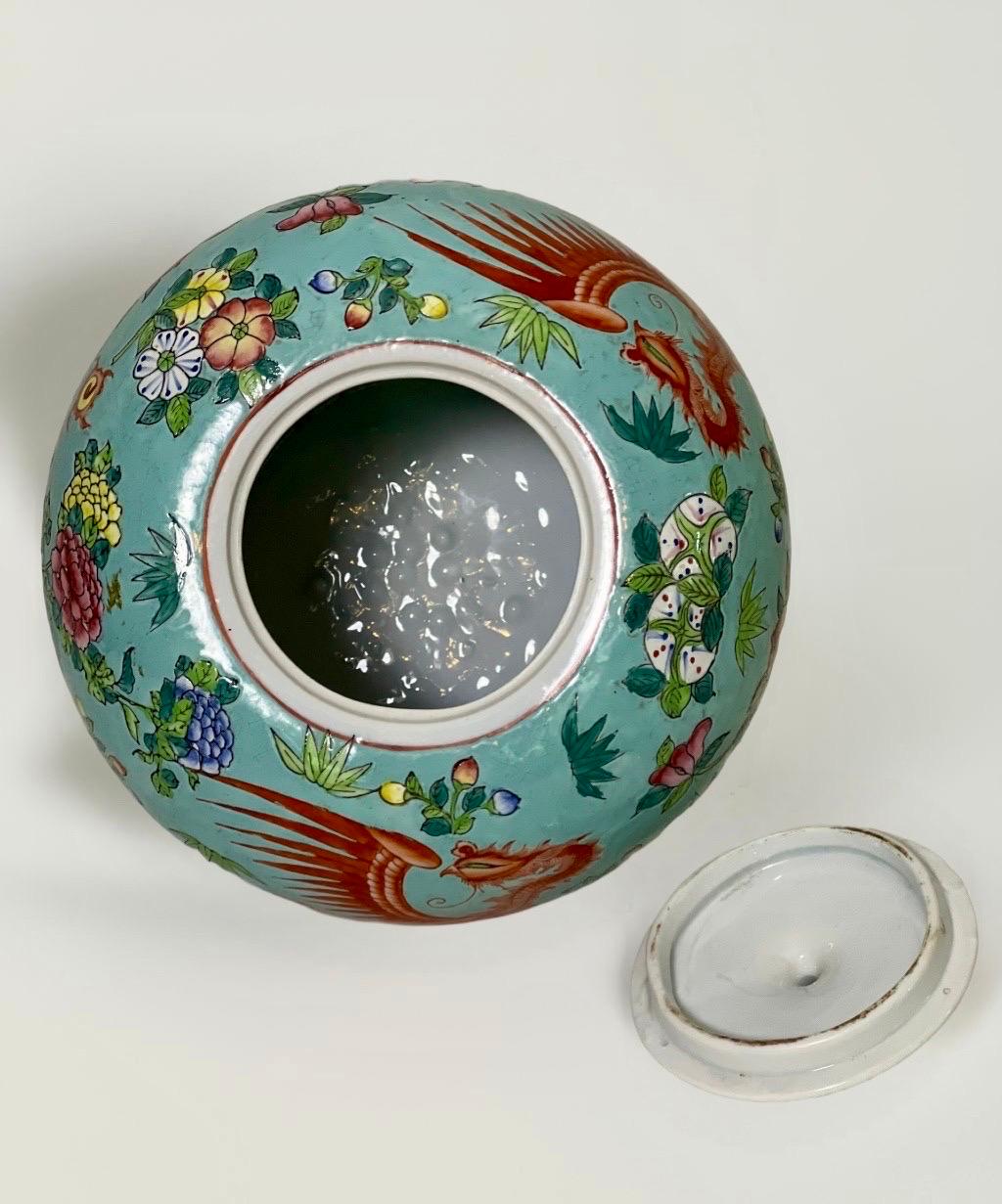 Ceramic Chinese Turquoise Enamel Hand Painted Porcelain Ovoid Lidded Ginger Jar For Sale