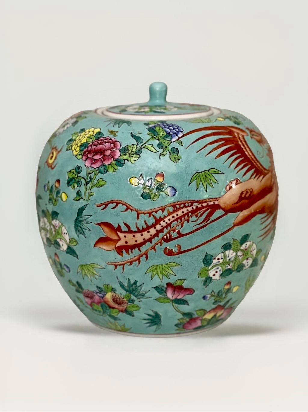 Chinese Turquoise Enamel Hand Painted Porcelain Ovoid Lidded Ginger Jar In Good Condition For Sale In Doylestown, PA