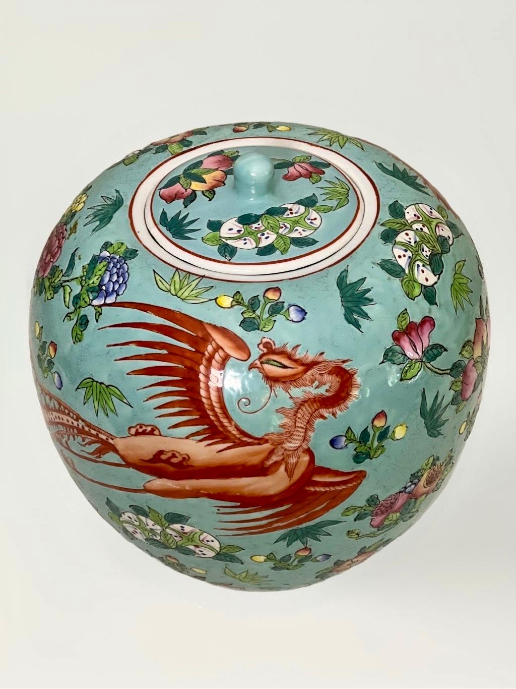 Chinese Turquoise Enamel Hand Painted Porcelain Ovoid Lidded Ginger Jar For Sale 1