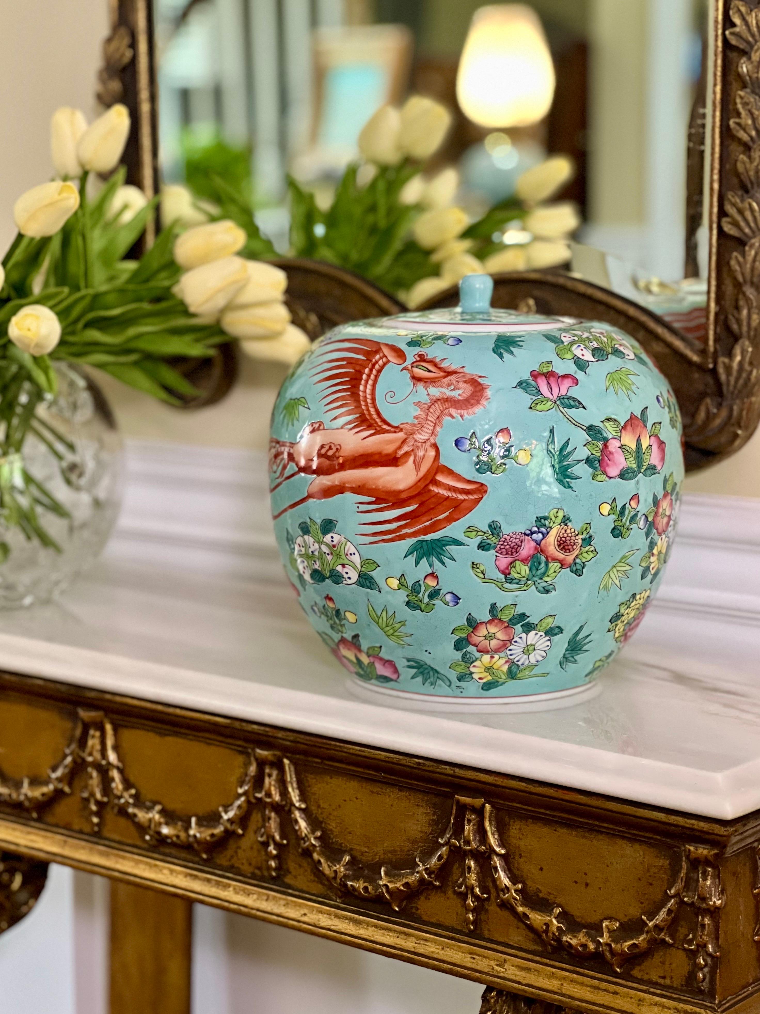 Chinese Turquoise Enamel Hand Painted Porcelain Ovoid Lidded Ginger Jar For Sale 2