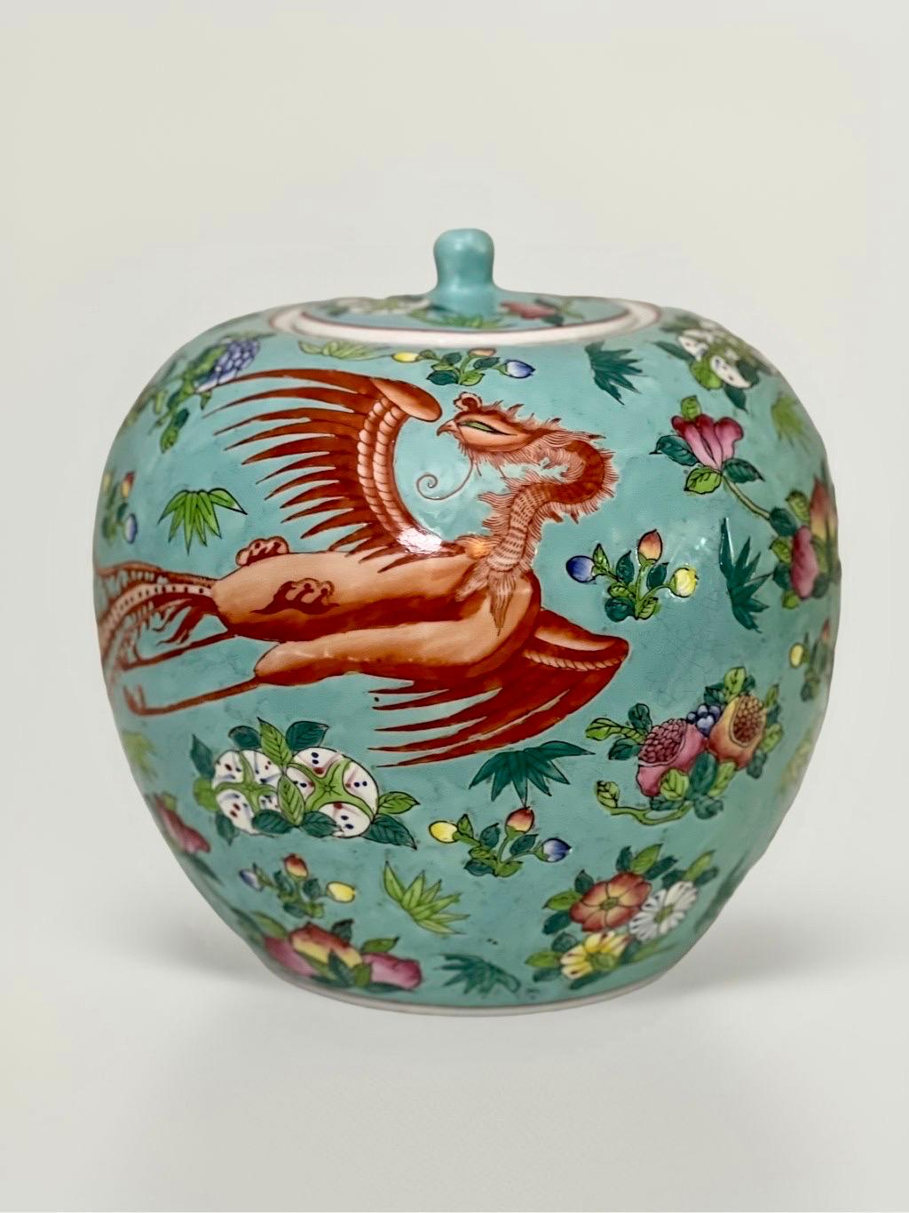 20th Century Chinese Turquoise Enamel Hand Painted Porcelain Ovoid Lidded Ginger Jar For Sale