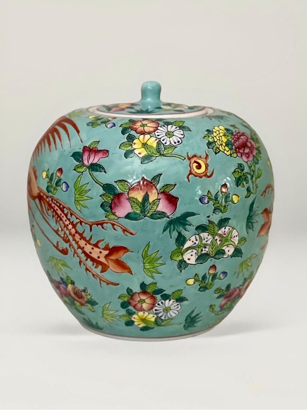 Hand-Painted Chinese Turquoise Enamel Hand Painted Porcelain Ovoid Lidded Ginger Jar For Sale