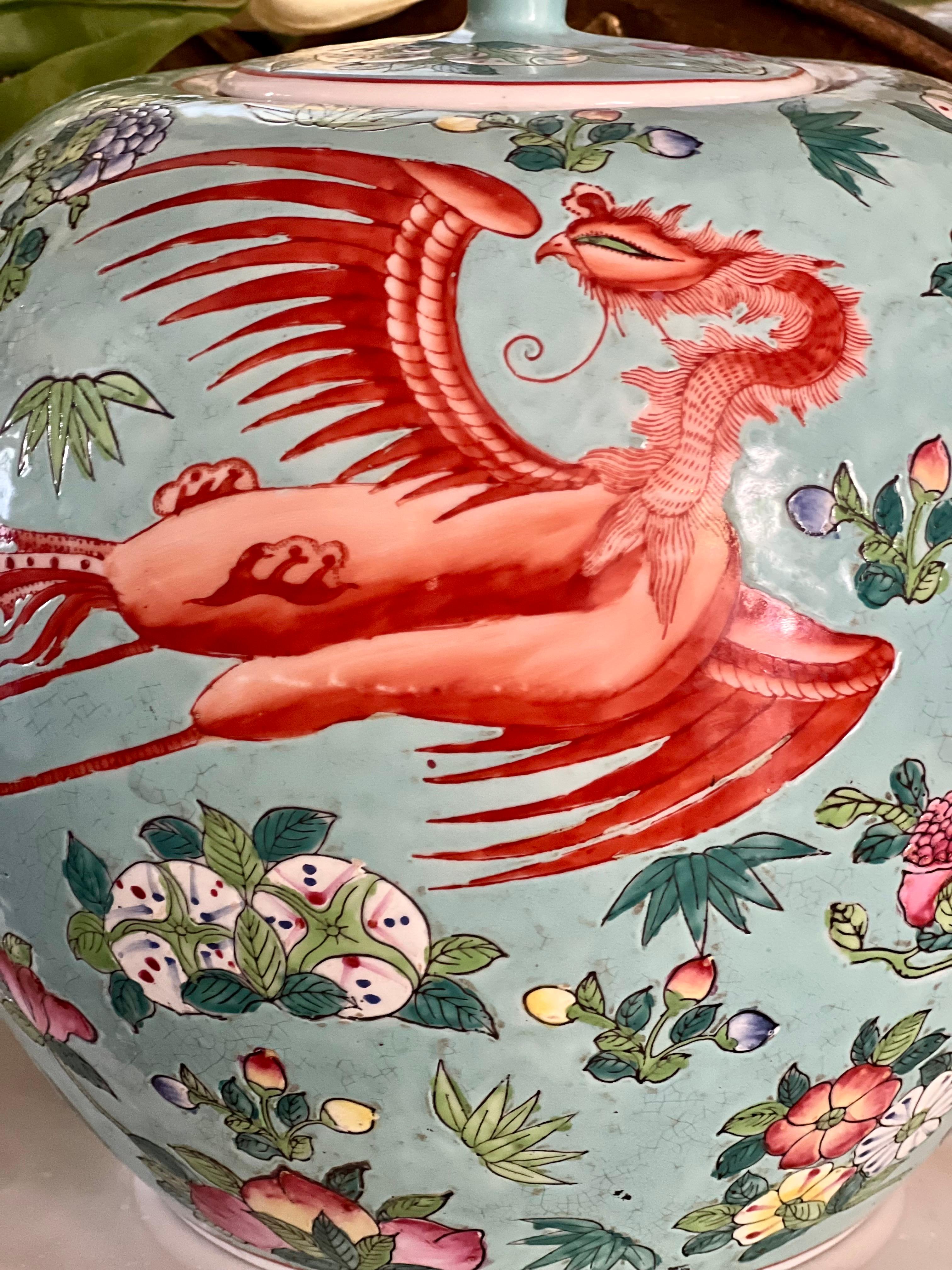 Chinese Turquoise Enamel Hand Painted Porcelain Ovoid Lidded Ginger Jar For Sale 6