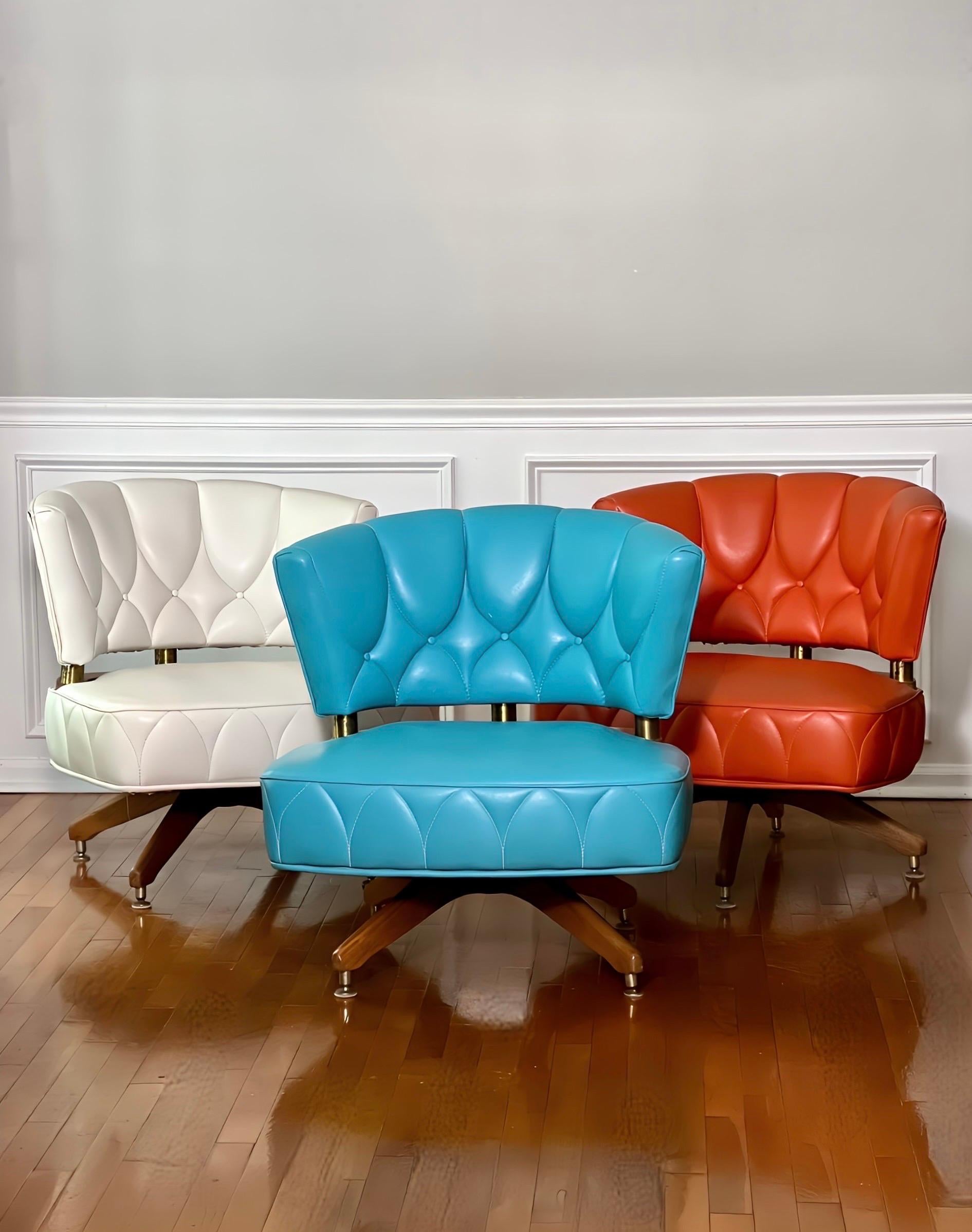 Brass 1960s Kroehler Turquoise Swivel Side Chair For Sale