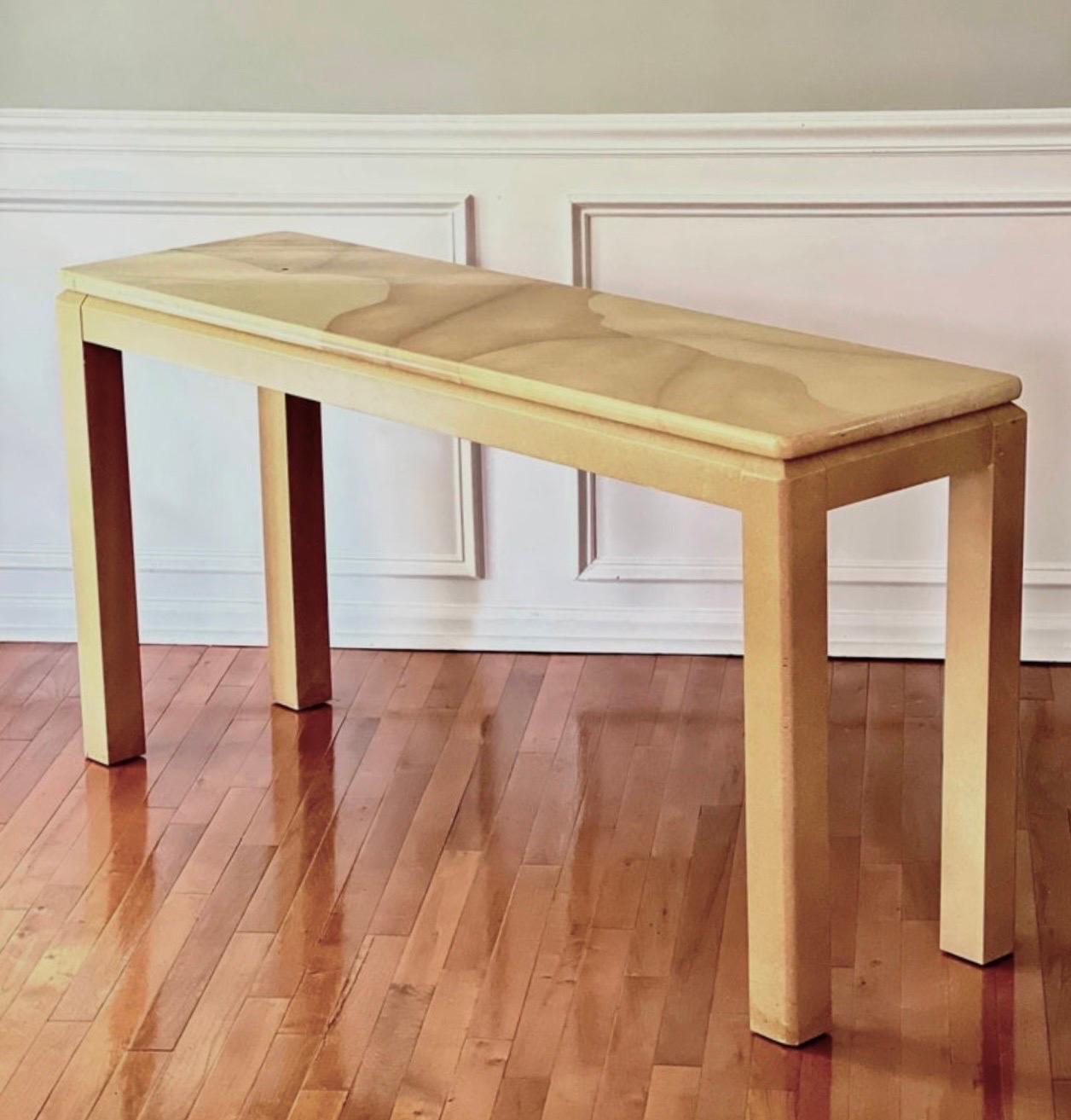 Late 20th Century Karl Springer Style Faux Goatskin Lacquered Cream Console Table For Sale