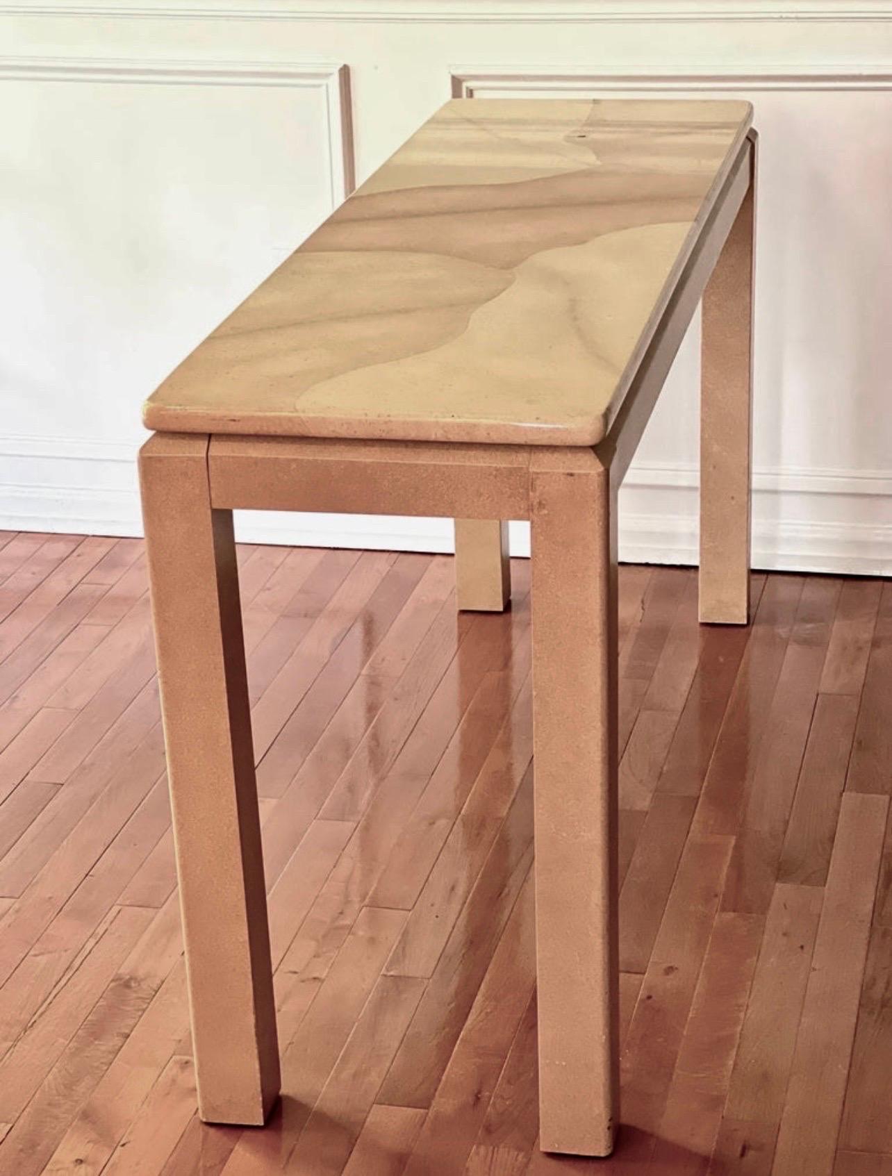 Karl Springer Style Faux Goatskin Lacquered Cream Console Table In Good Condition For Sale In Doylestown, PA