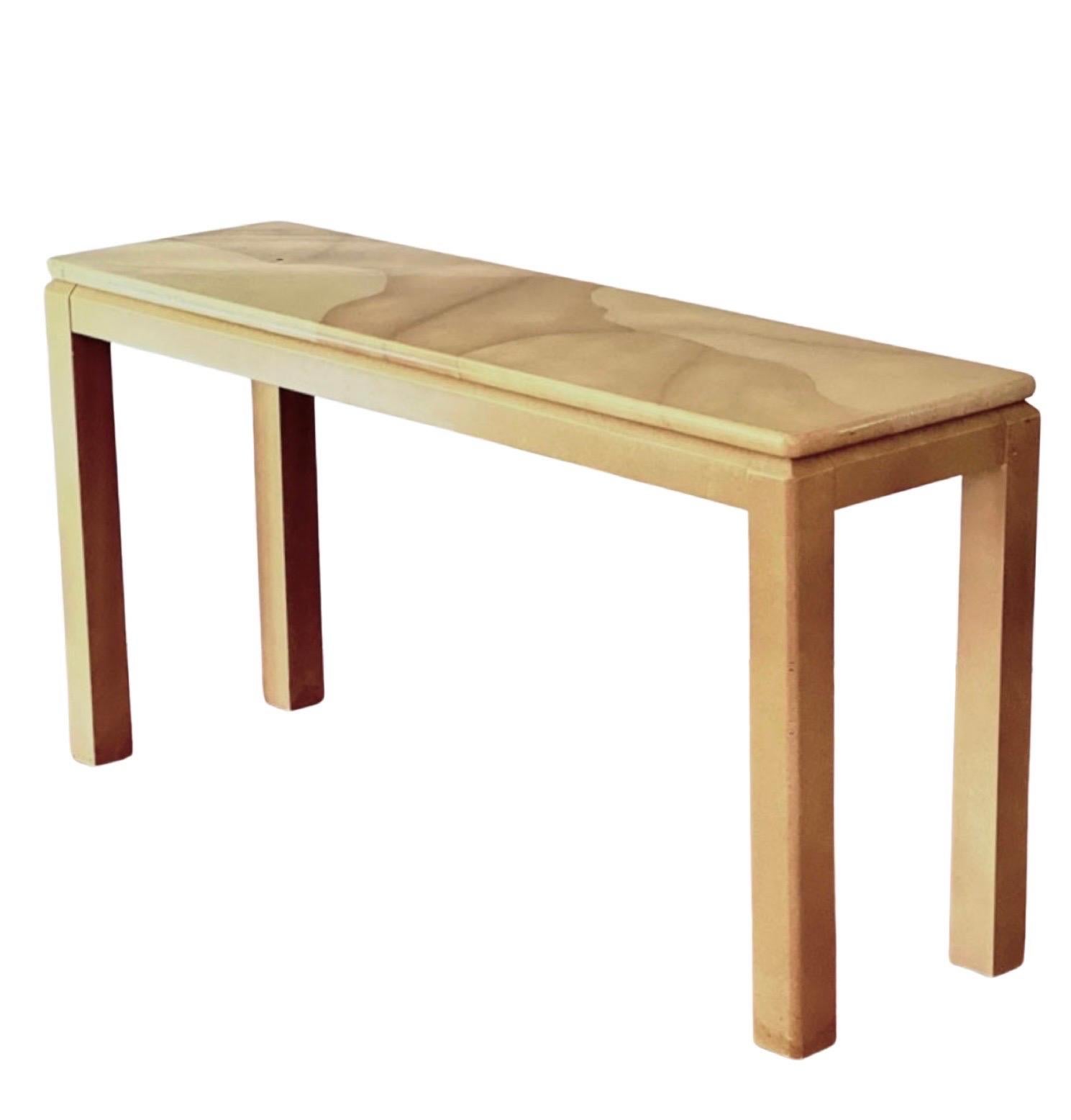 Karl Springer Style Faux Goatskin Lacquered Cream Console Table For Sale