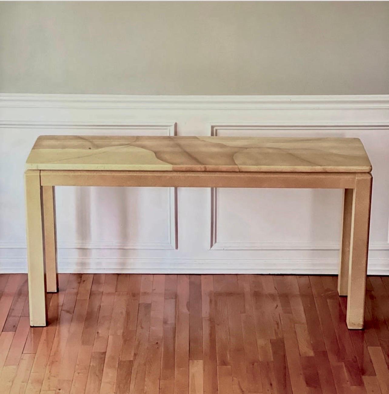 Modern Karl Springer Style Faux Goatskin Lacquered Cream Console Table For Sale
