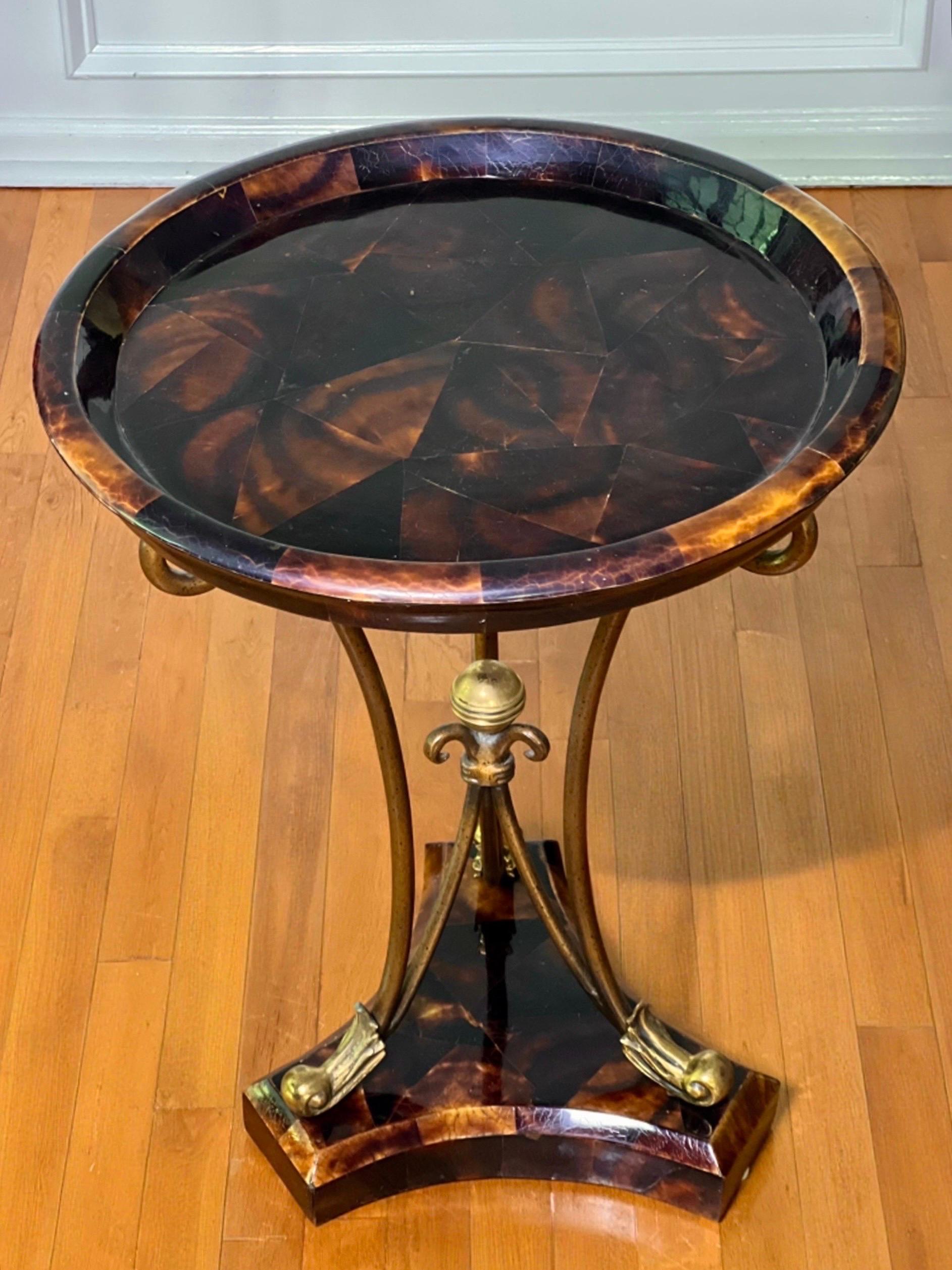 Marquetry 1970s Maitland Smith Tessellated Horn Round Side Table For Sale