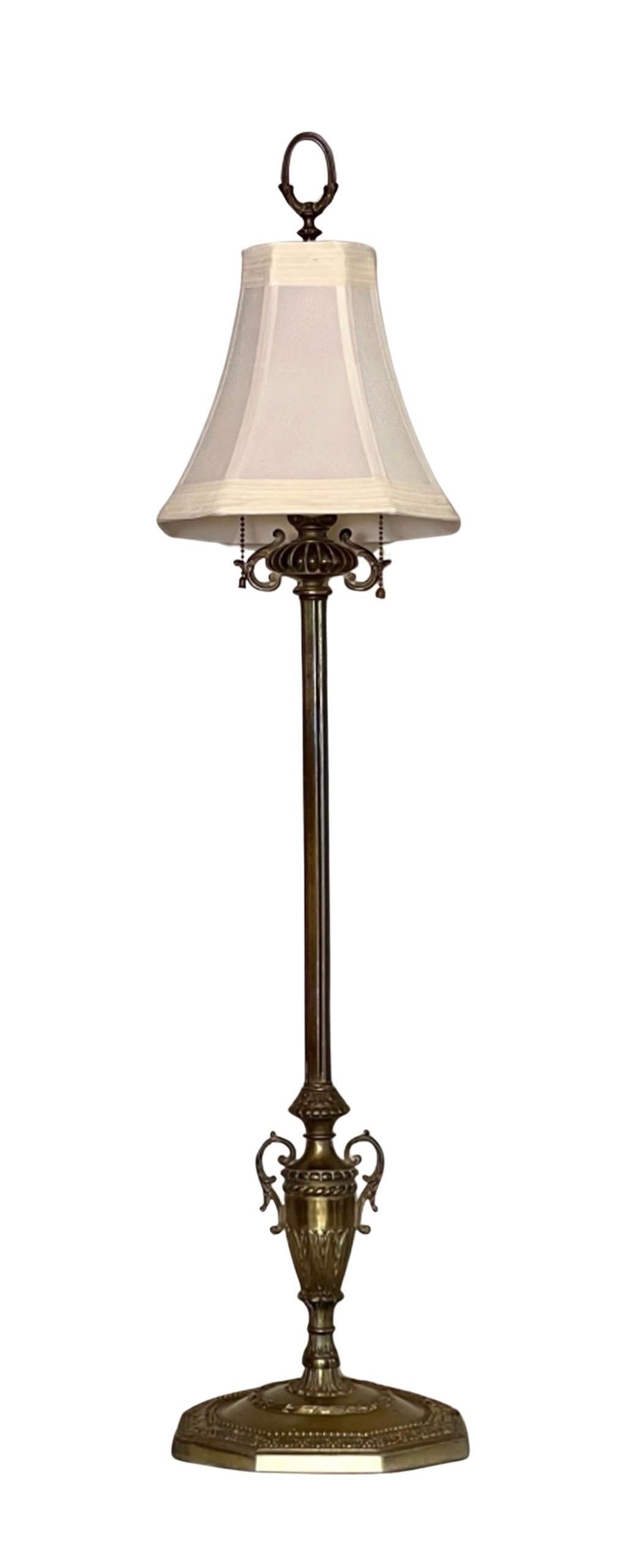 Antique French Neoclassical Tall Columnar Gilt Iron Two Light Table Lamp For Sale