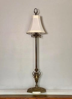 Antique French Neoclassical Tall Columnar Gilt Iron Two Light Table Lamp