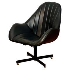 Vintage Modern Black Faux Leather Swivel Bucket Lounge Chair
