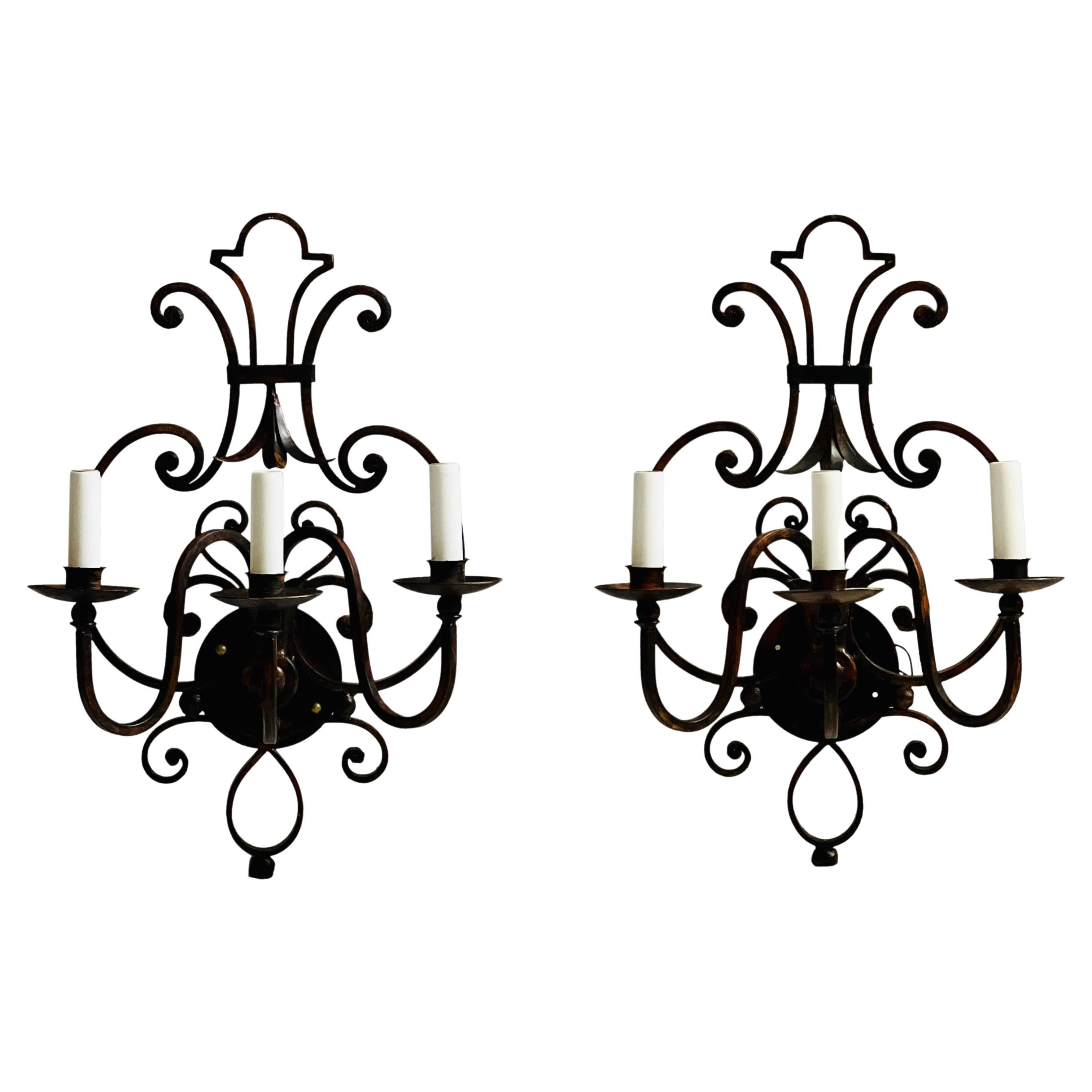Italian Harp Shaped Iron Sconces in Blackened Rust For Sale