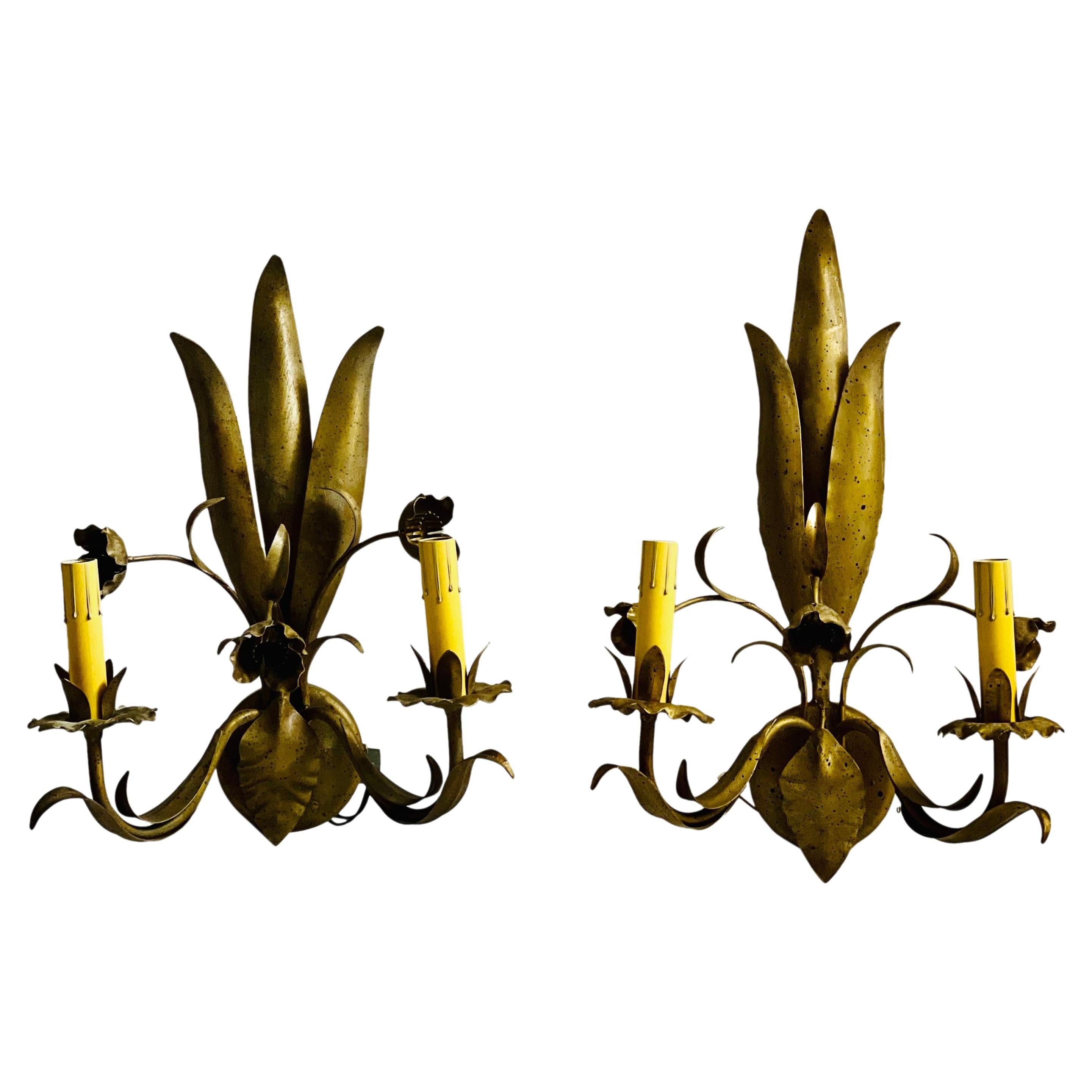 Italian Floral and Gilt Gold Leaf Sconces For Sale