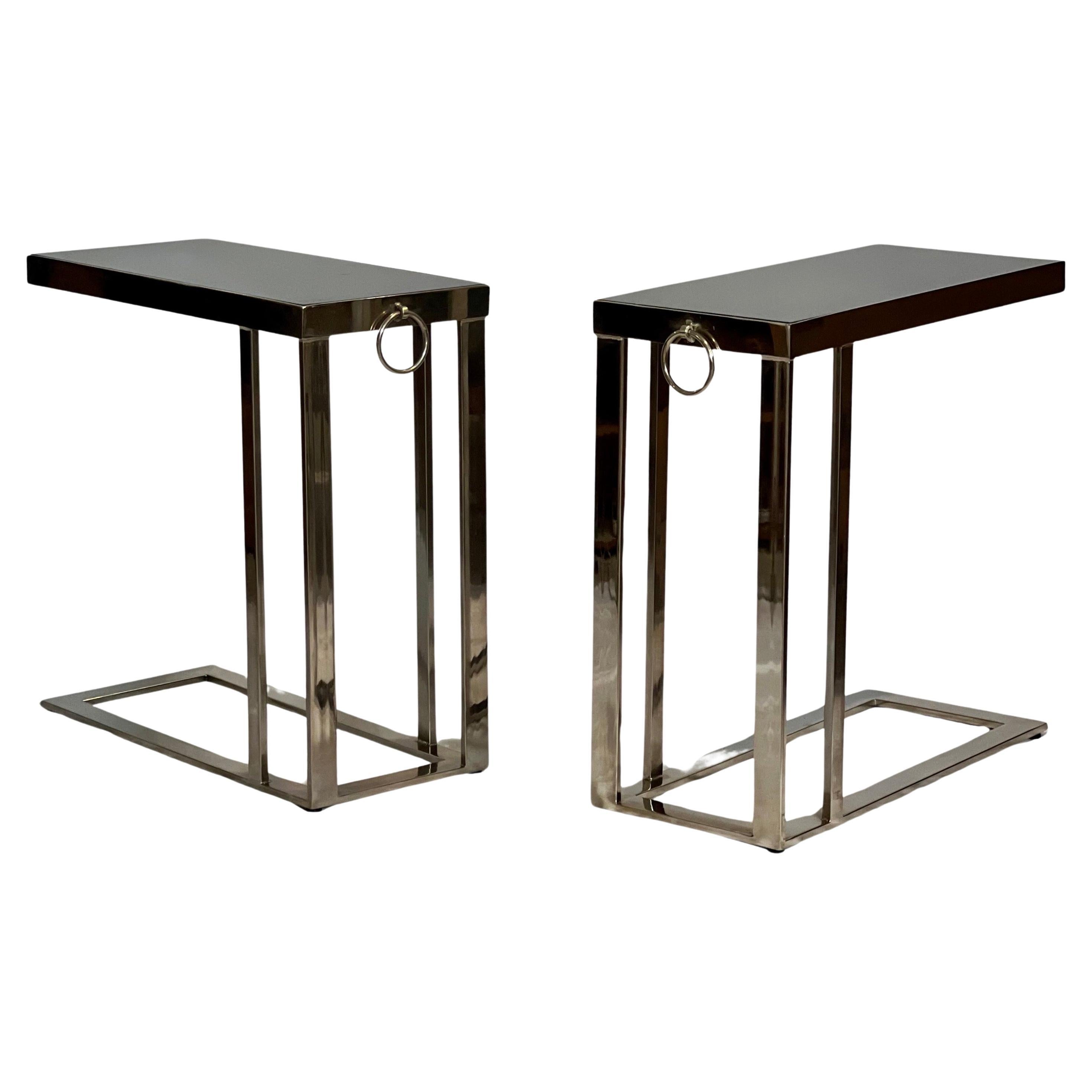 Vintage Flat Bar Chrome and Marble Top Cantilever Side Tables For Sale