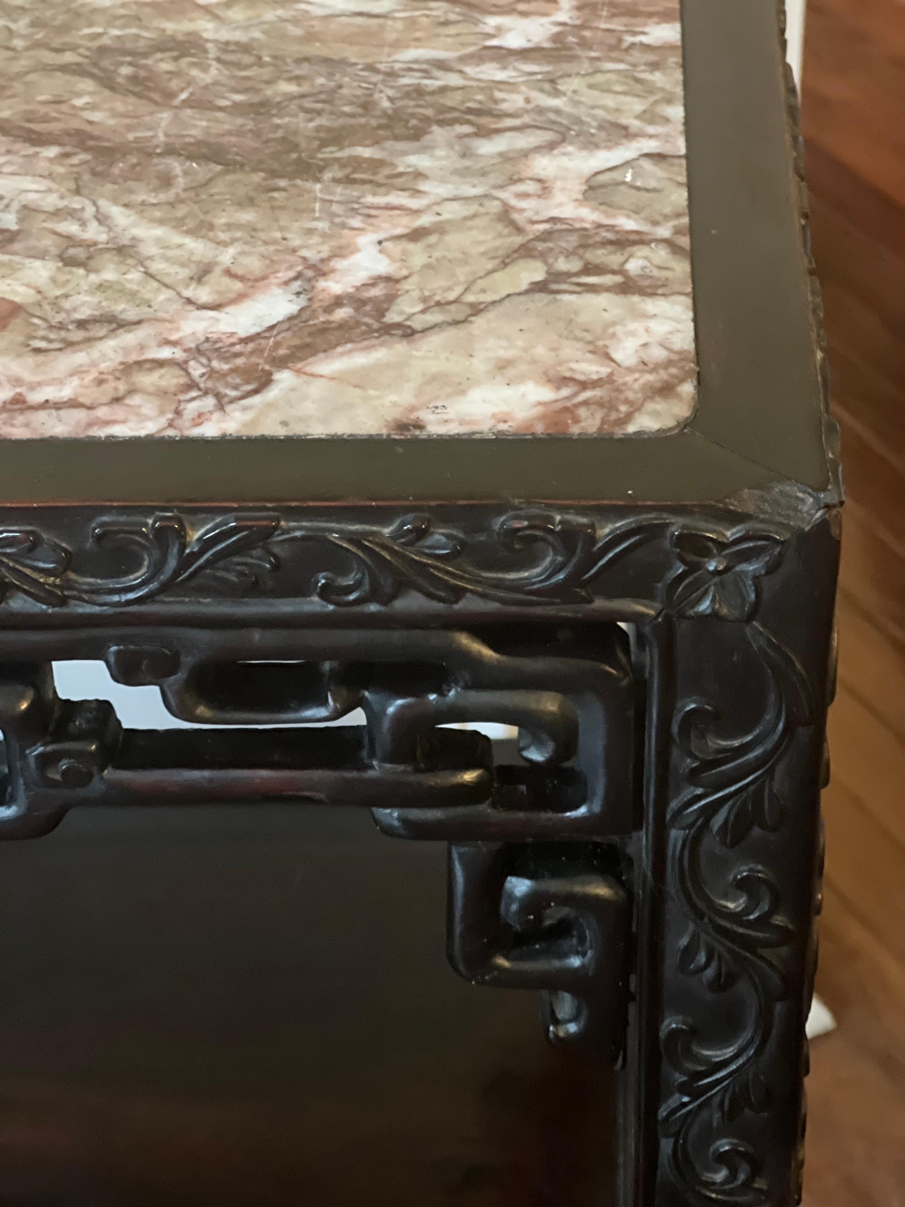 19th Century Chinese Carved Hardwood Two-Tier Marble Top Pedestal Table or Stand 5