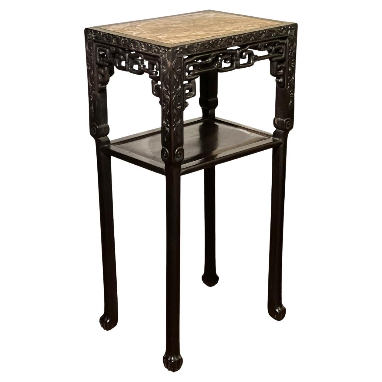 19th Century Chinese Carved Hardwood Two-Tier Marble Top Pedestal Table or Stand For Sale