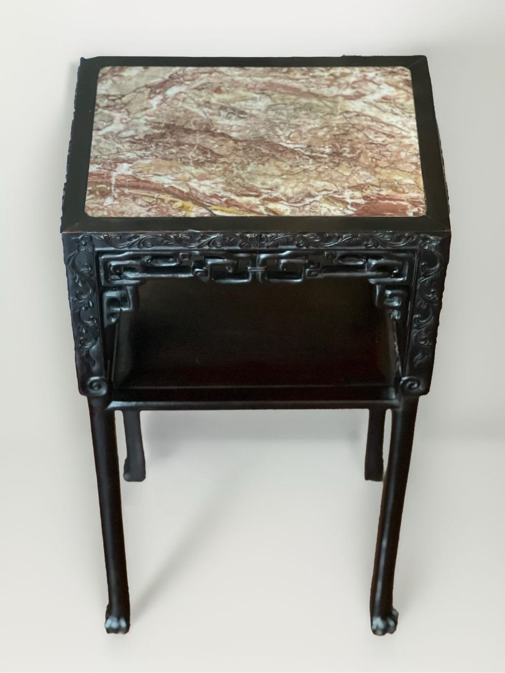 19th Century Chinese Carved Hardwood Two-Tier Marble Top Pedestal Table or Stand 1
