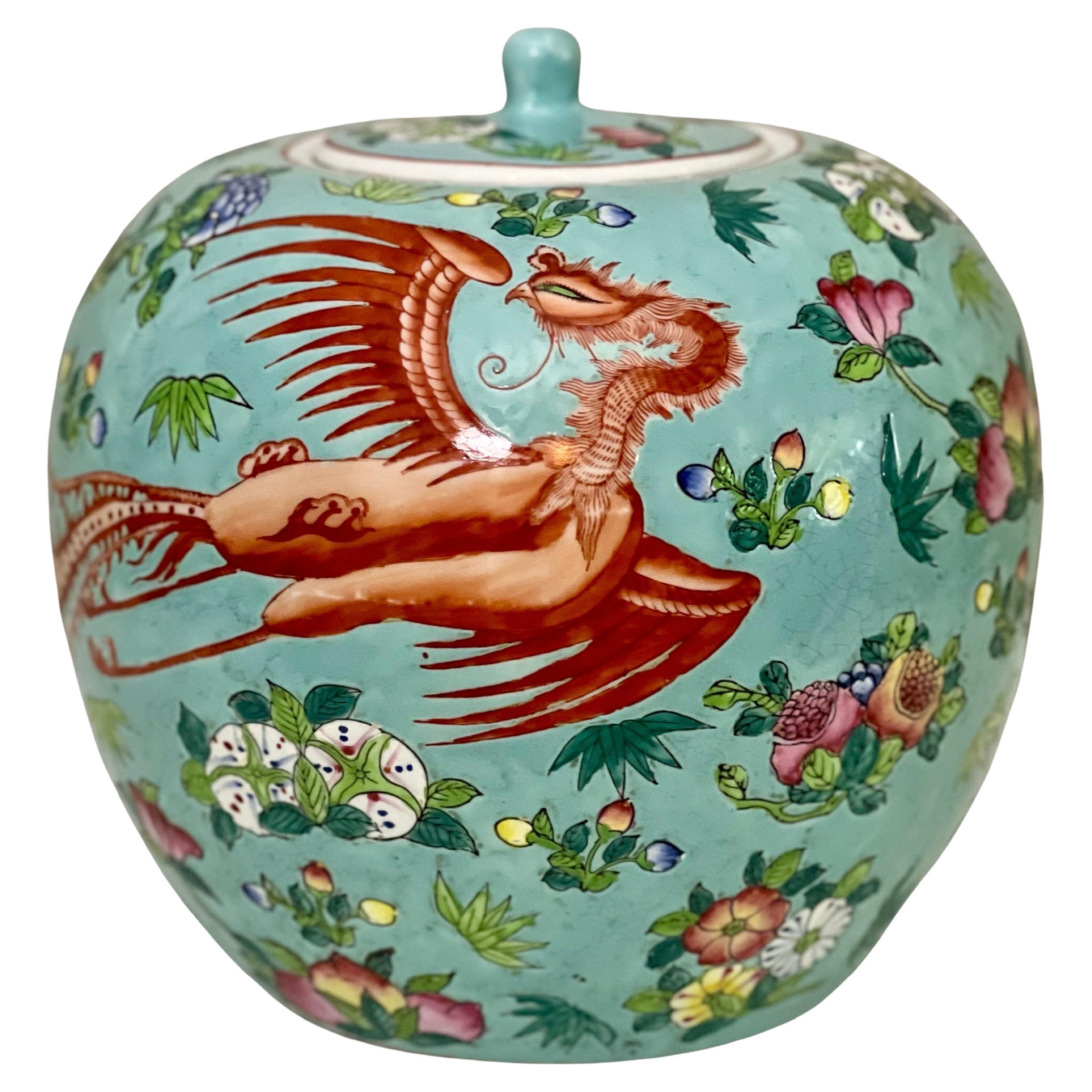 Chinese Turquoise Enamel Hand Painted Porcelain Ovoid Lidded Ginger Jar For Sale