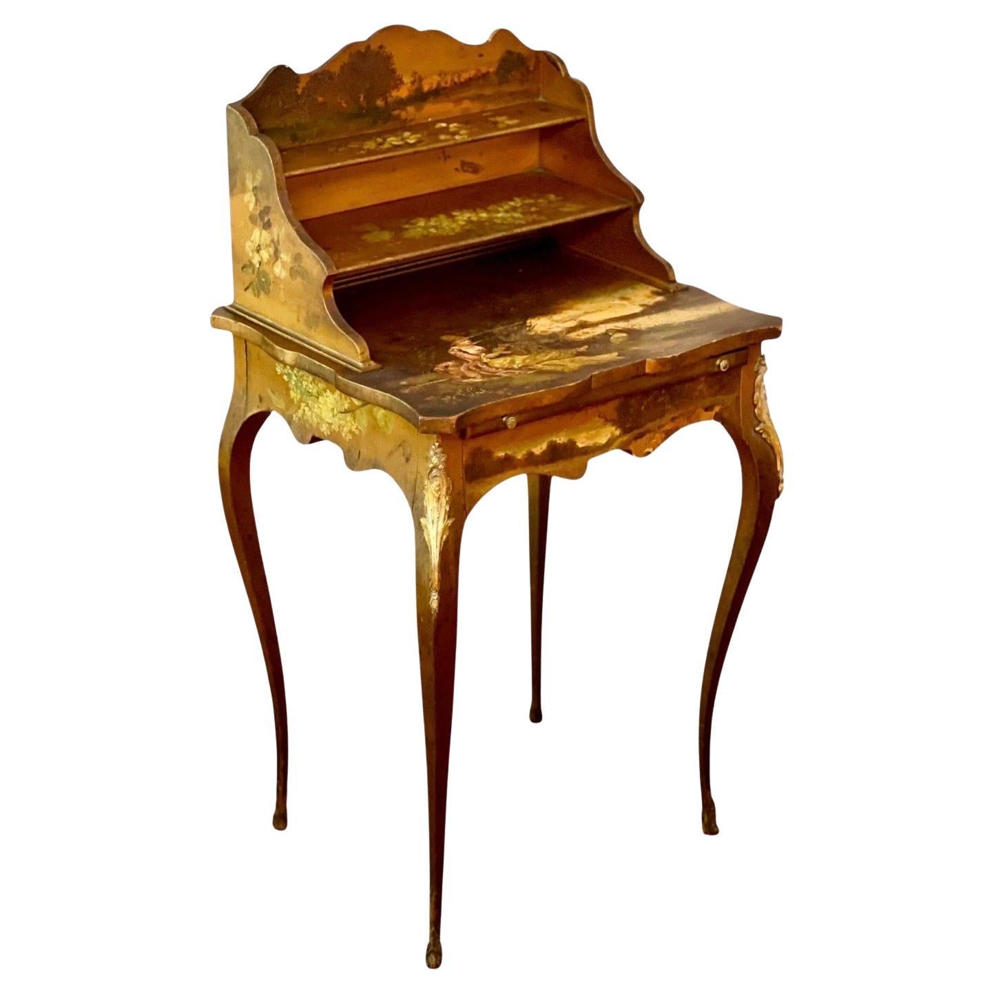 French Bonheur-Du-Jour Ladies Writing Desk, Hand-Painted, Artist Signed, c. 1880 For Sale