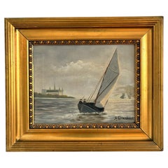Signiertes Ölgemälde im Vintage-Stil mit Segelschiff und Meereslandschaft, um 1930