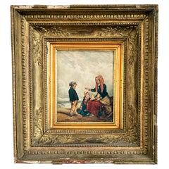 Original Antique Seaside Oil Painting of a Family, c. 1845
